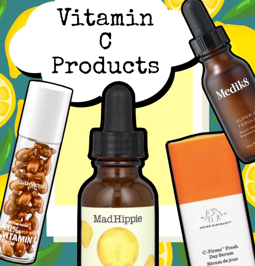 An image showcasing various Vitamin C products against a colorful background with lemon illustrations. Highlighting the vitamin C serum benefits are Neutrogena 20% Vitamin C Serum capsules, Mad Hippie Vitamin C Serum, Medik8 Vitamin C Serum, and Drunk Elephant C-Firma Day Serum.