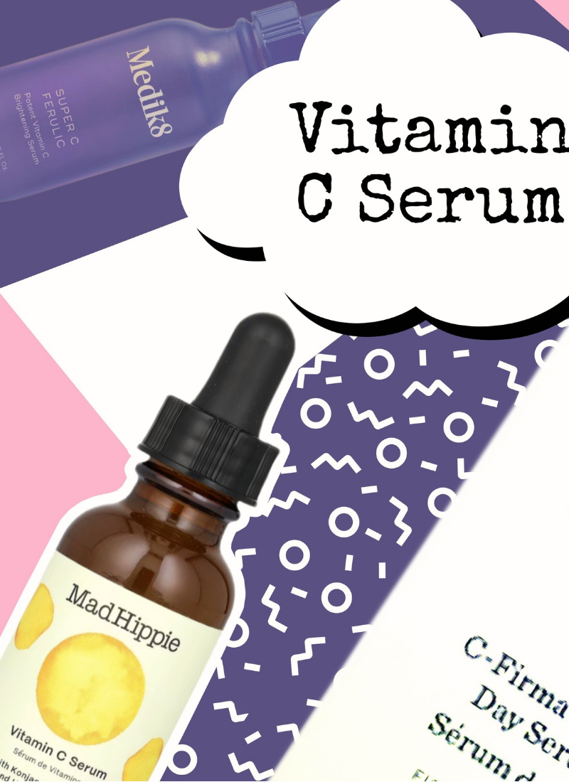 A stylized collage showcases various vitamin C serums. A prominent bottle labeled "Mad Hippie Vitamin C Serum" stands in the foreground. Text reading "Vitamin C Serum" appears in a cloud-shaped graphic, with a blue bottle labeled "Medik8" partly visible in the background.