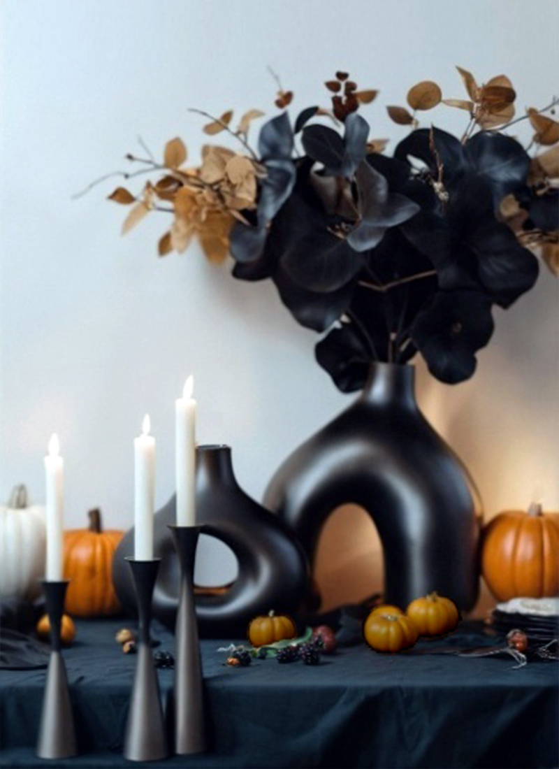 A modern fall-themed display featuring black Halloween decor with sculptural vases and dried foliage, surrounded by small orange pumpkins. Three tall candle holders with lit white candles are placed on the left, creating a warm and elegant ambiance.