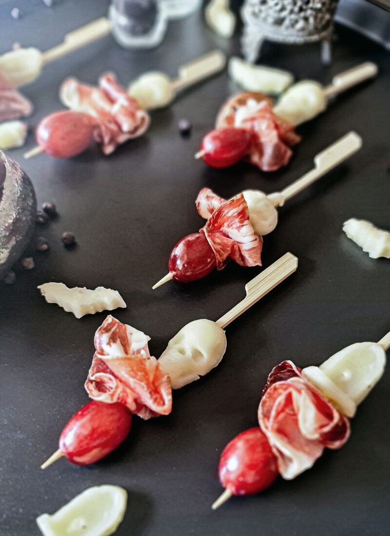 Spooky and Simple Halloween Appetizer: Mozzarella, Grape & Prosciutto Skewers